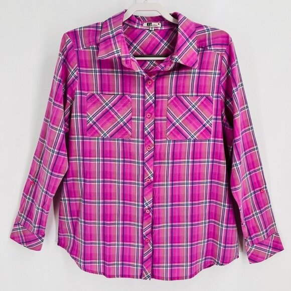 Kut from the Kloth Pink Flannel Long Sleeve Shirt Size XL Western Barbiecore - Picture 1 of 9